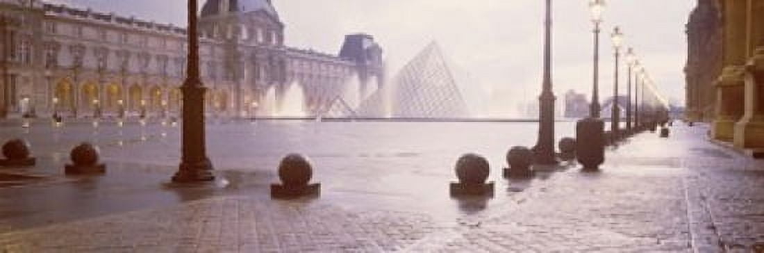 Street lights lit up at dawn Louvre Pyramid Musee Du Louvre Paris France Canvas Art - Panoramic Images (18 x 6)