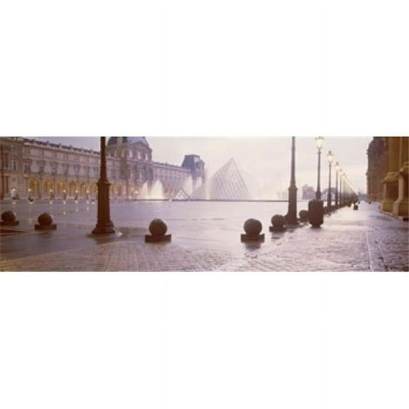 Street lights lit up at dawn, Louvre Pyramid, Musee Du Louvre, Paris, France Poster Print (36 x 12)