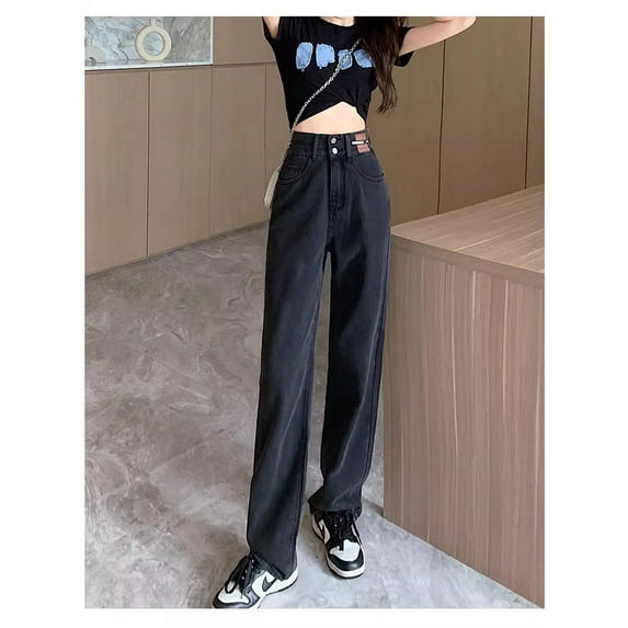 Street retro color blocked high waisted wide leg jeans for women in spring, autumn and winter, loose and slimming straight leg pants for mopping the floor