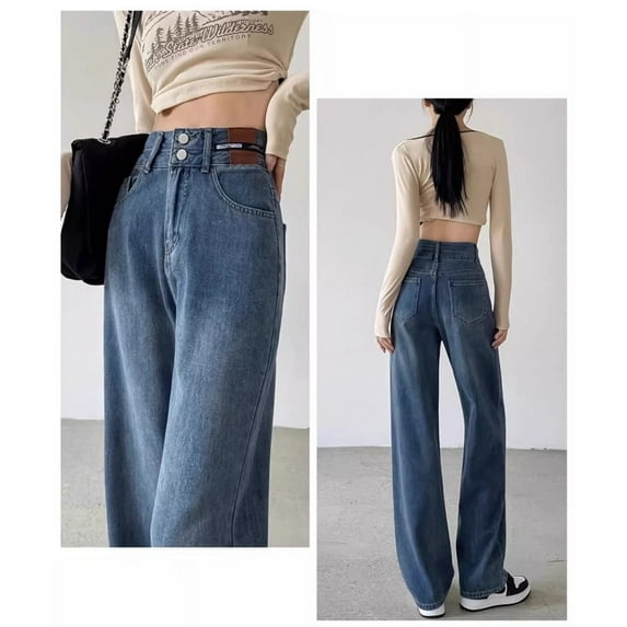 Street retro color blocked high waisted wide leg jeans for women in spring, autumn and winter, loose and slimming straight leg pants for mopping the floor