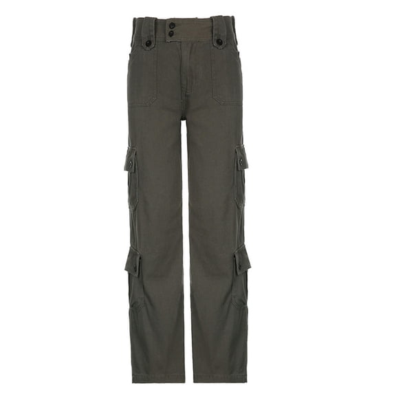 Street retro style irregular large pocket wide belt jeans straight casual pants-grey-S