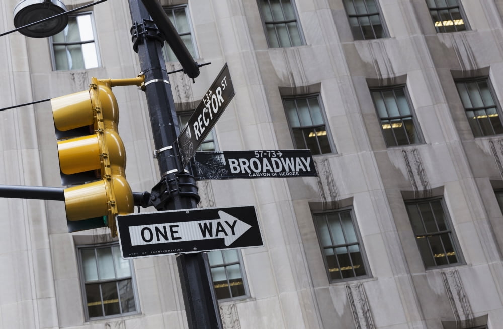 Street sign and traffic light on Broadway New York City New York United States of America Canvas Art - Mark Thomas Design Pics (19 x 12)