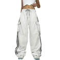 thumbnail image 1 of Street style black and white webbing pocket splicing casual jeans waist drawstring trendy straight pants-White-S, 1 of 5