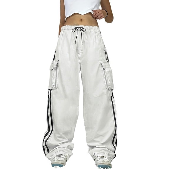 Street style black and white webbing pocket splicing casual jeans waist drawstring trendy straight pants-White-S