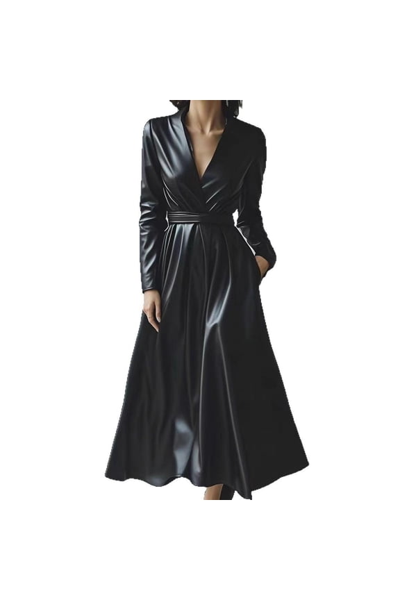 Street-style wrinkle-resistant faux leather long dress for women, patchwork leather skirt