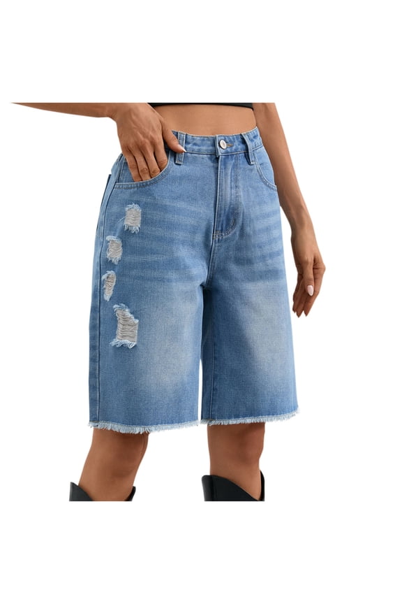 Streetwear Baggy Summer Jorts Women's Casual Denim Shorts High Rise Stretchy Raw Hem Bermuda Shorts
