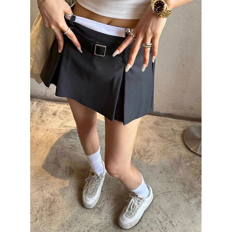 ★韓国人気★MIDNIGHT MOVE★2 belt skirt Streetwear Belt Mini Skirt Women Korean Patchwork Pleated