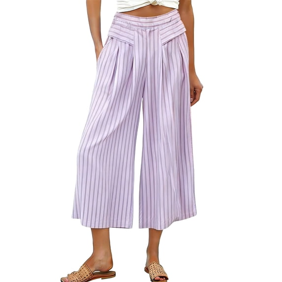 Streetwear Capris Pants Women's High Waist Striped Wide Leg Capris Elastic Waist Pleated Breathable Loose Casual Cropped Culottes with Pockets Purple XL
