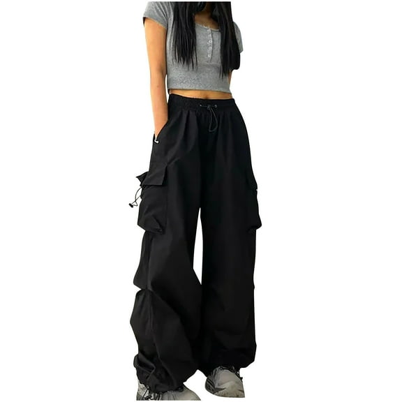 Streetwear Cargo Pants Women Mutil Pockets Wide Leg Jogger Sweatpants Casual Baggy Parachute Pants for Women Black L