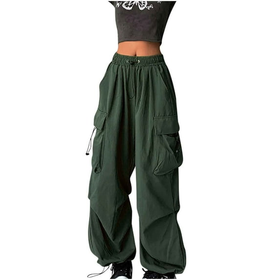 Streetwear Cargo Pants Women Mutil Pockets Wide Leg Jogger Sweatpants Casual Baggy Parachute Pants for Women Green 2XL