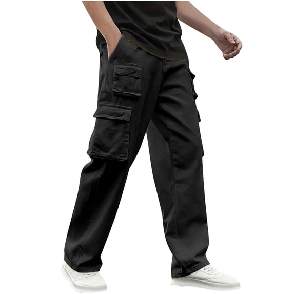 Streetwear Cargo Pants for Men Travel Hiking Multi-Pockets Elastic Waist Solid Color Trousers Fathers Gift