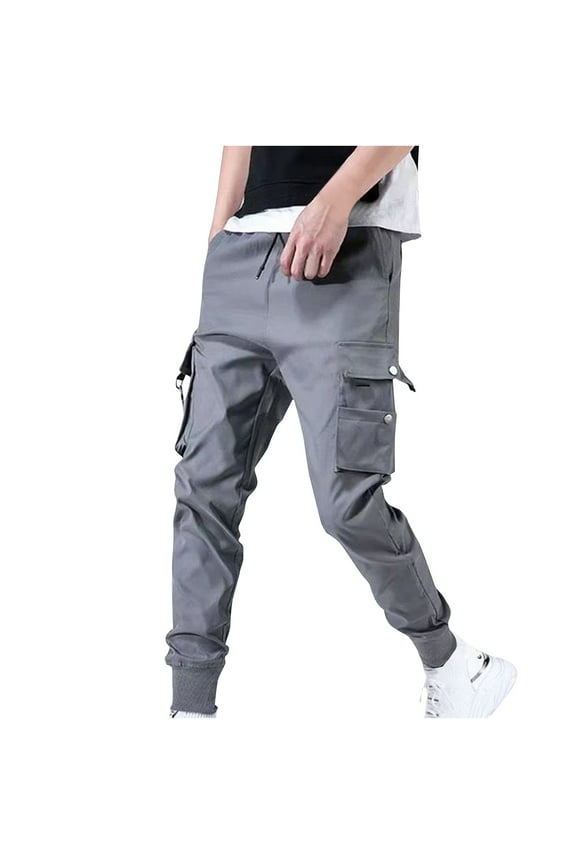 Streetwear Cargo Pants for Men with Flap Pockets and Drawstring Elastic Waist Casual Techwear Joggers