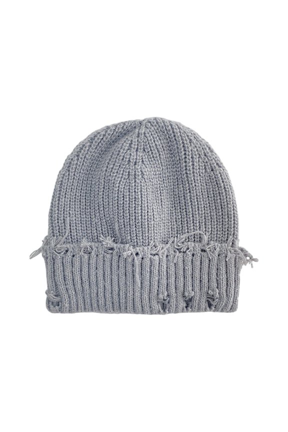 Streetwear Distressed Raw Edge Rib Knit Cuffed Beanie, Stretchy Cozy Warm Windproof Lightweight Hat for Skate Travel Daily Outdoor Sports Light Gray One Size
