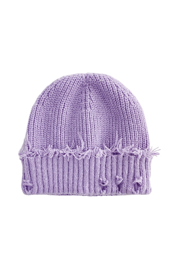 Streetwear Distressed Raw Edge Rib Knit Cuffed Beanie, Stretchy Cozy Warm Windproof Lightweight Hat for Skate Travel Daily Outdoor Sports Purple One Size