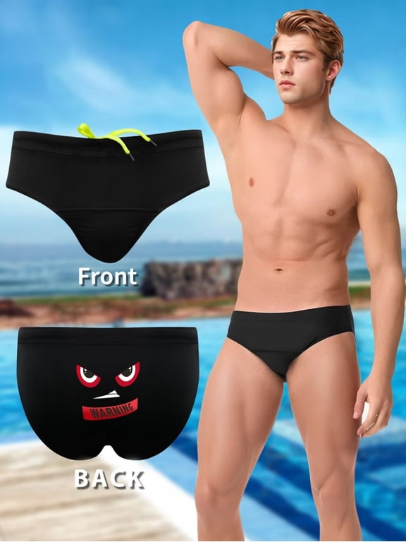 Streetwear Graffiti Printed Men's Swim Trunks - Low Waist Elastic Beach Briefs