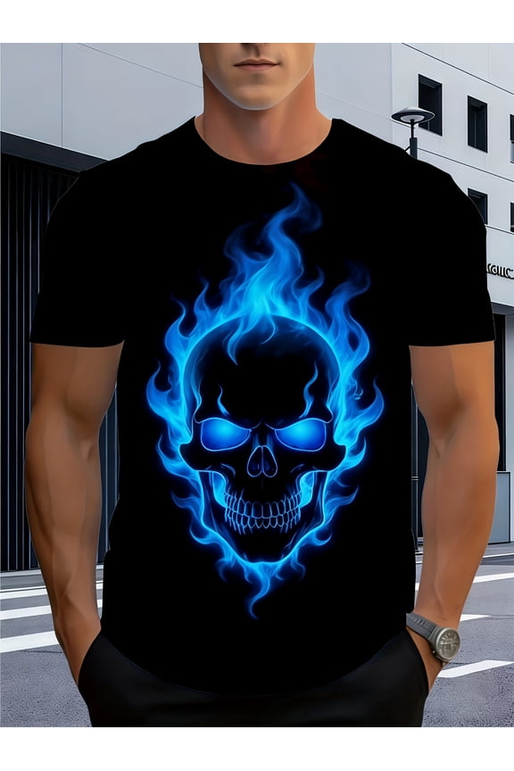 Casual Gothic Blue Flaming Skull Graphic Vintage Grunge Y2k Cotton Men's Women's Unisex T-Shirt