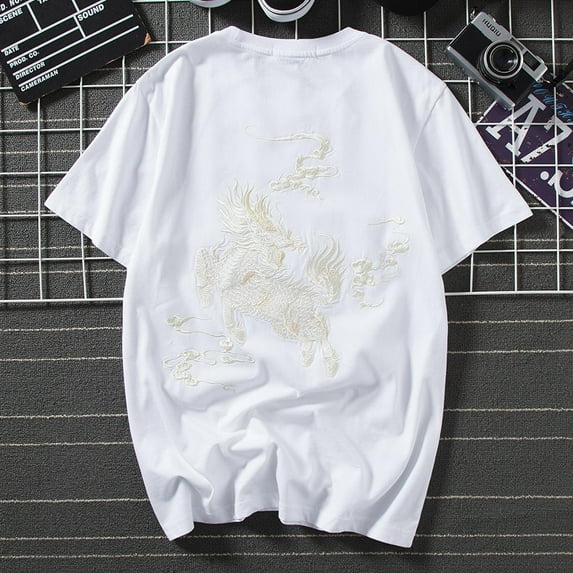 Streetwear Japanese Harajuku Tshirt Short Sleeves Shirt Embroidery Dragon Urban Fashion Tee