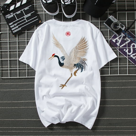 Streetwear Japanese Harajuku Tshirt Short Sleeves Shirt Embroidery Flying Cranes Urban Fashion Tee