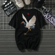 Streetwear Japanese Harajuku Tshirt Short Sleeves Shirt Embroidery Flying Cranes Urban Fashion Tee