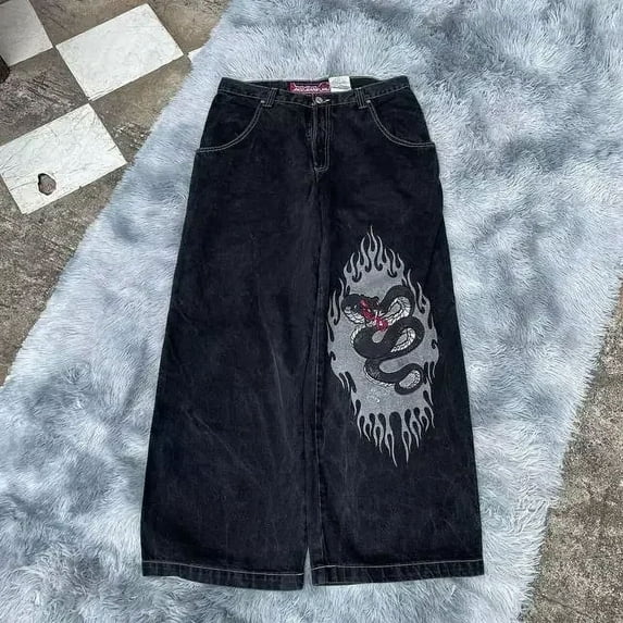 Streetwear Jeans Y2K Harajuku Hip Hop Bulldog Graphic Baggy Jeans Black Pants New Style Gothic High Waist Wide Leg Trousers