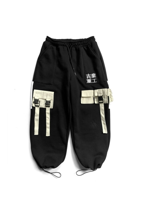 Streetwear Joggers Japanese Kanji Harajuku Embroidery Sweatpants Urban Relaxed Fit Black Sweatpants