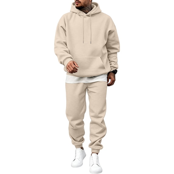 Streetwear Men Basic Tracksuit Plain Oversized Hoodie & Simple Cuffed Joggers Pants Workout Running Travel Office Casual 2 Piece Set Beige L