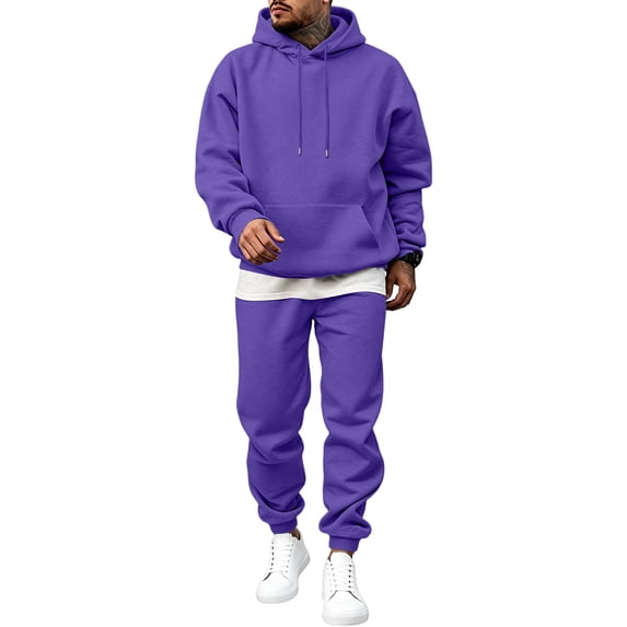 Streetwear Men Basic Tracksuit Plain Oversized Hoodie & Simple Cuffed Joggers Pants Workout Running Travel Office Casual 2 Piece Set Purple 2XL