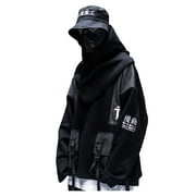 Streetwear Techwear Japanese Kanji Harajuku Embroidery Urban Black Crewneck Sweatshirt (Scarf Included)