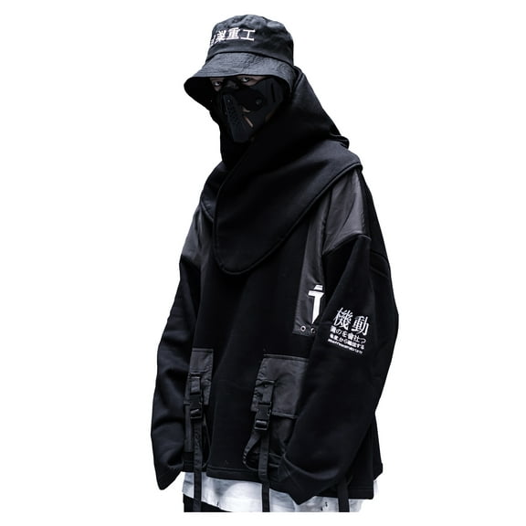 Streetwear Techwear Japanese Kanji Harajuku Embroidery Urban Black Crewneck Sweatshirt (Scarf Included)