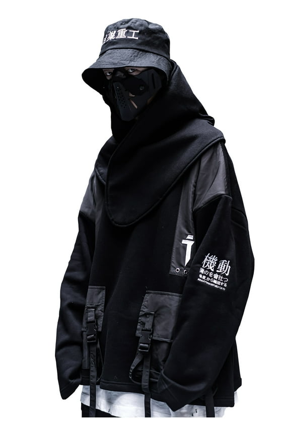 Streetwear Techwear Japanese Kanji Harajuku Embroidery Urban Black Crewneck Sweatshirt (Scarf Included)