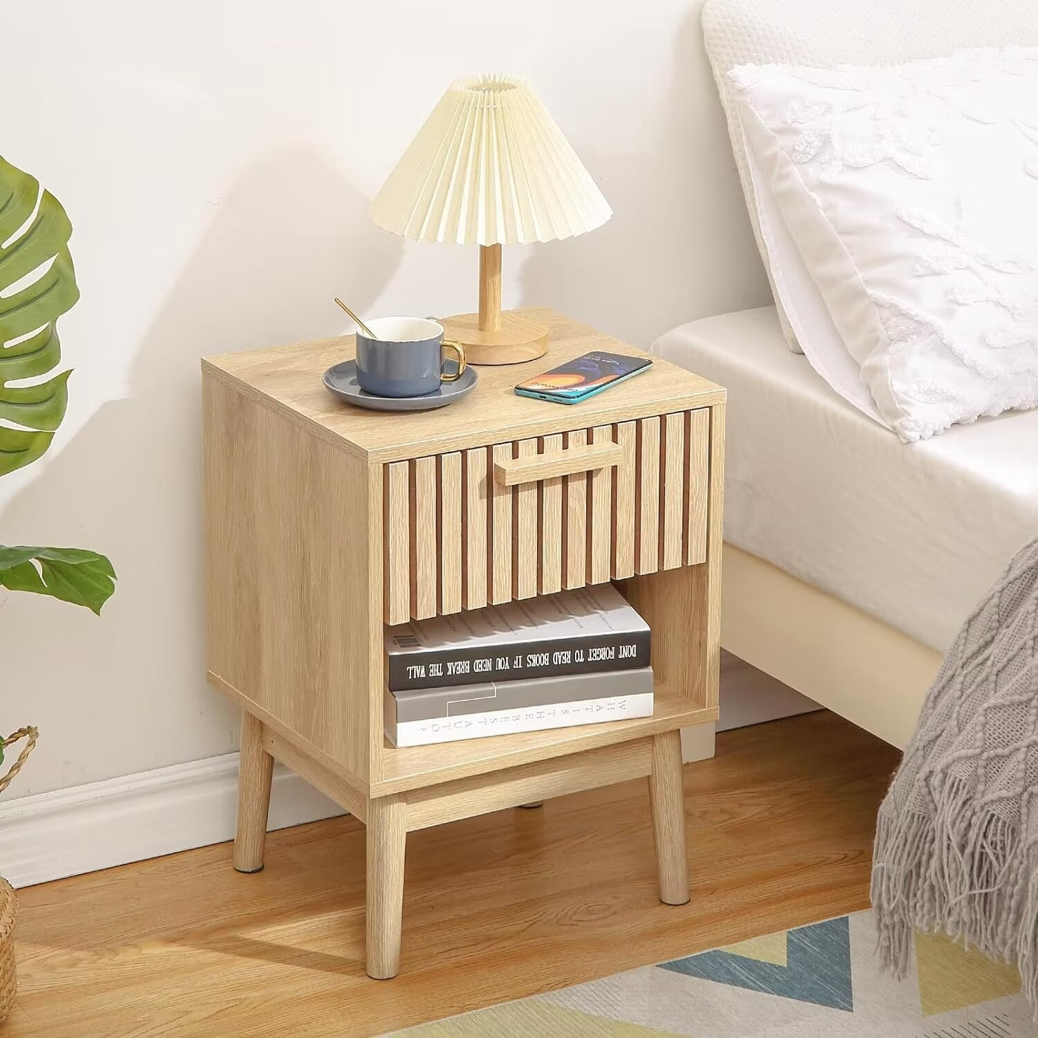 Strelect Small Nightstand Wood Bedside Table with Drawer Open Shelf ...