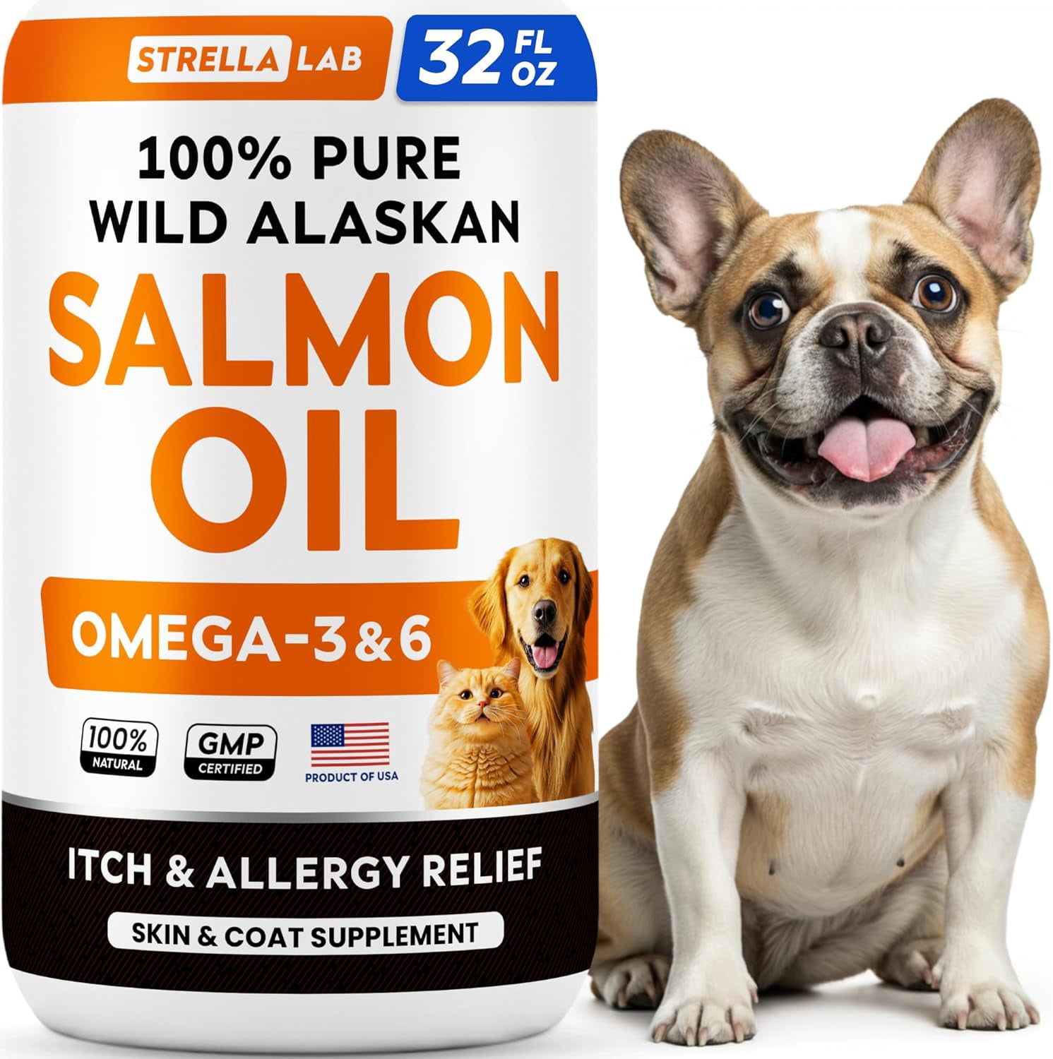 StrellaLab 32 OZ Salmon Oil for Dogs - Omega 3 Fish Oil for Dogs & Cats, Itch & Allergy Relief, Wild Alaskan Salmon Oil Dogs Skin & Coat, Dog Fish Oil Liquid,Shedding Support EPA&DHA Fatty Acids
