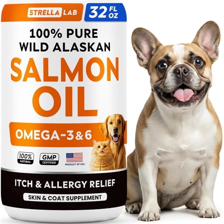 StrellaLab 32 OZ Salmon Oil for Dogs - Omega 3 Fish Oil for Dogs & Cats, Itch & Allergy Relief, Wild Alaskan Salmon Oil Dogs Skin & Coat, Dog Fish Oil Liquid,Shedding Support EPA&DHA Fatty Acids