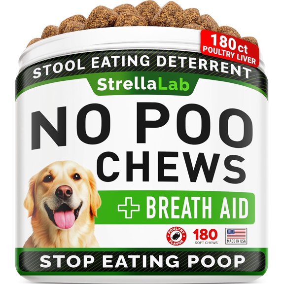 StrellaLab Coprophagia Deterrent Chews for Dogs - Stop Poop Eating, Digestive Enzymes & Gut Health - Chicken Liver Flavor (180 ct)