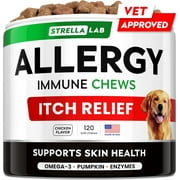 StrellaLab Dog Allergy Relief & Anti Itch Relief for Dogs Chews with Omega 3 - Skin & Coat Immune Supplement with Fish Oil, Pumpkin & Enzymes — Developed by Experts - Made in USA - 120 Count