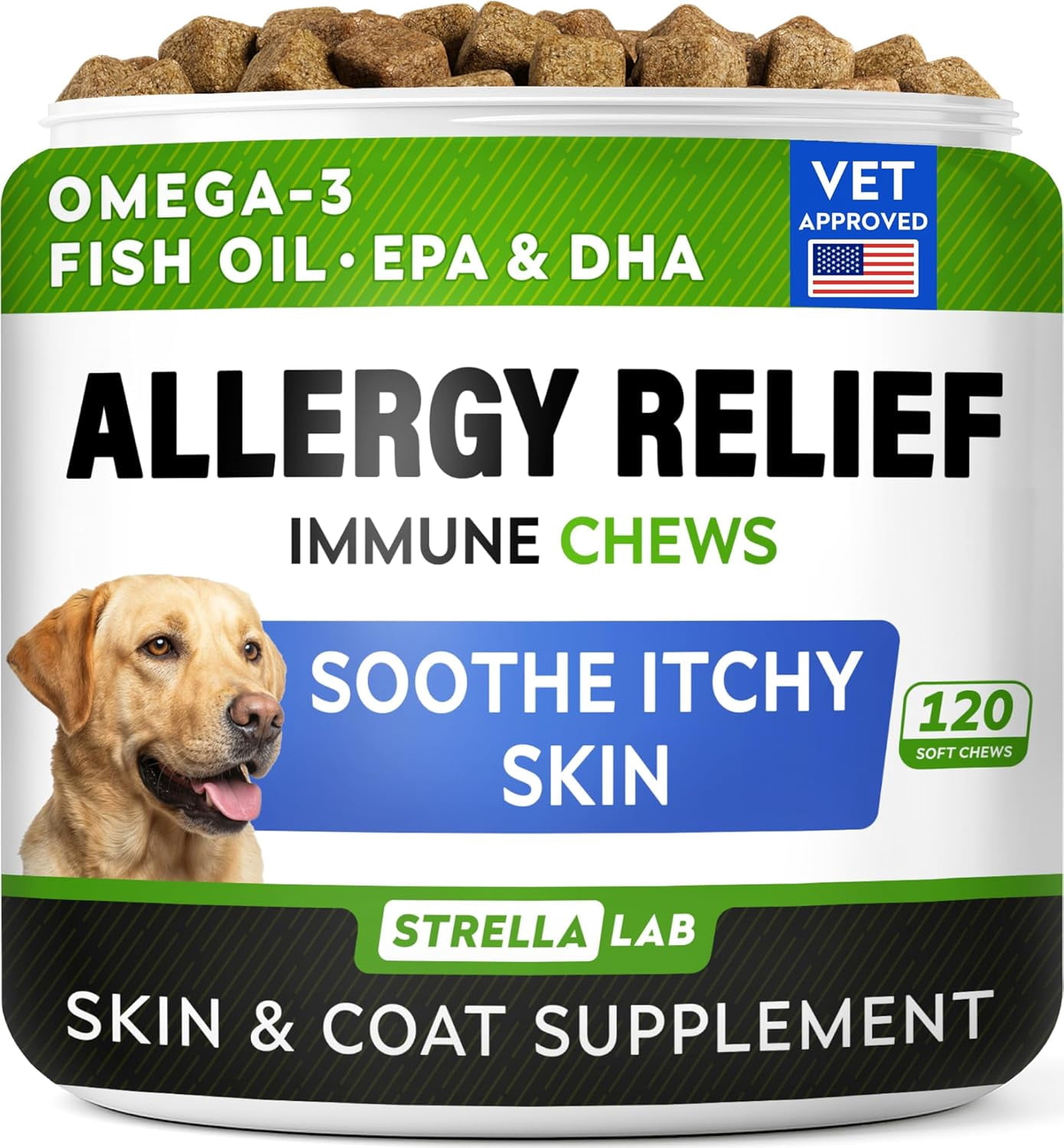 StrellaLab Dog Allergy Relief & Anti Itch Relief for Dogs Chews with Omega 3 - Skin & Coat Immune Supplement with Fish Oil, Pumpkin & Enzymes — Developed by Experts - Made in USA - 120 Count