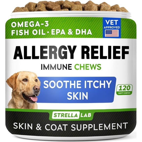StrellaLab Dog Allergy Relief & Anti Itch Relief for Dogs Chews with Omega 3 - Skin & Coat Immune Supplement with Fish Oil, Pumpkin & Enzymes — Developed by Experts - Made in USA - 120 Count
