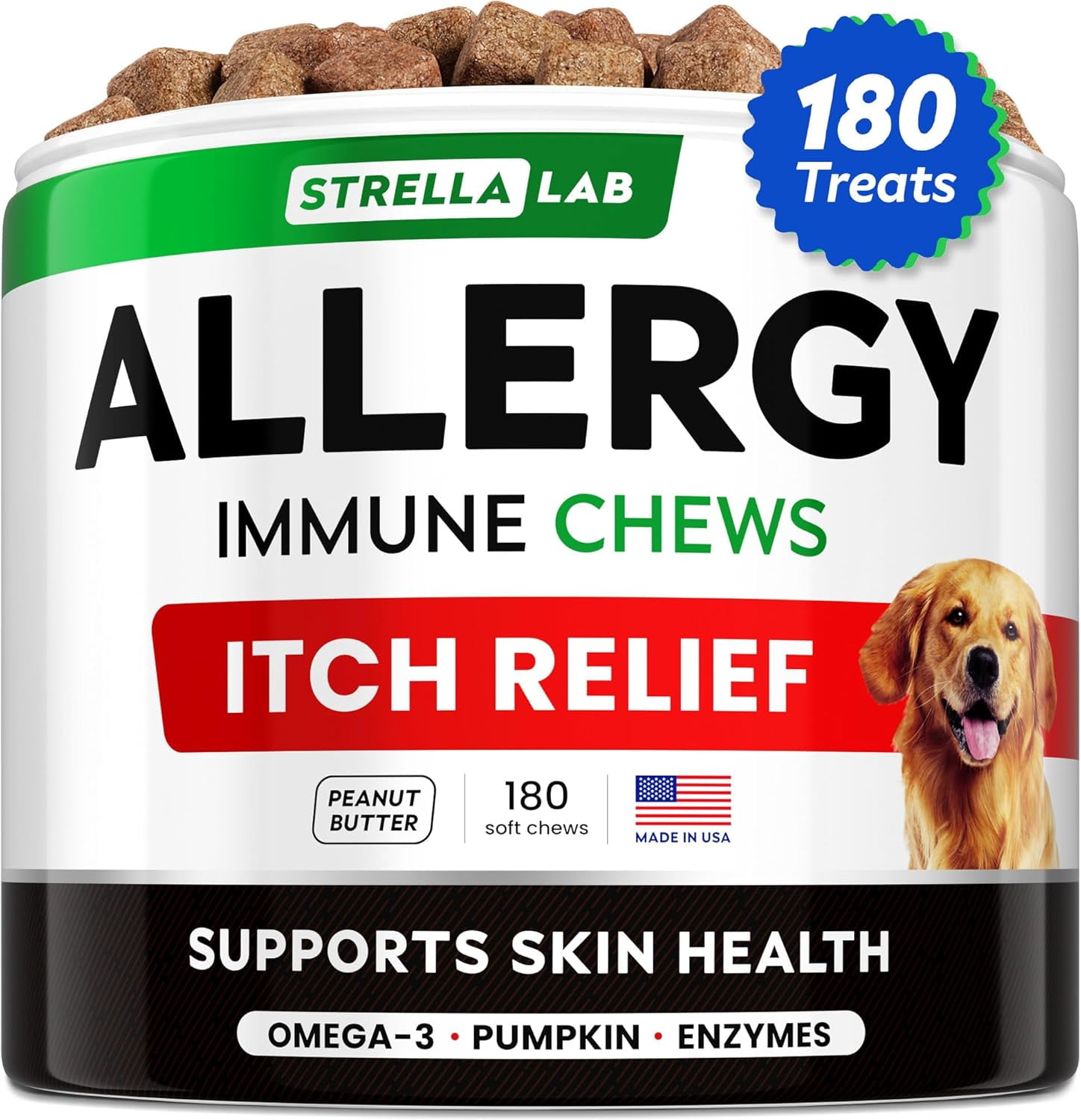 StrellaLab Dog Allergy Relief & Anti Itch Relief for Dogs Chews with Omega 3 - Skin & Coat Immune Supplement with Fish Oil, Pumpkin & Enzymes — Developed by Experts - Made in USA - 180 Count