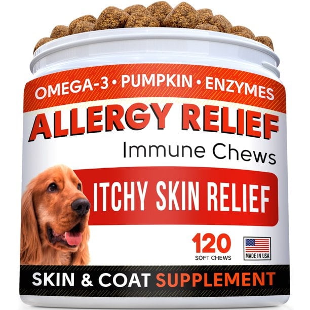 StrellaLab Dog Allergy Relief & Anti Itch Support Chews w/Omega 3: Real Ingredients, Real Taste! Skin & Coat Immune Supplement w/Fish Oil, Pumpkin & Enzymes — Developed by Experts - Made in USA -120Ct