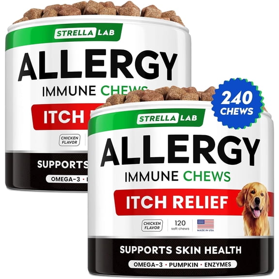 StrellaLab Dog Allergy Relief & Anti Itch Support Chews w/Omega 3: Real Ingredients, Real Taste! Skin & Coat Immune Supplement w/Fish Oil, Pumpkin & Enzymes —Developed by Experts -Made in USA -240Ct