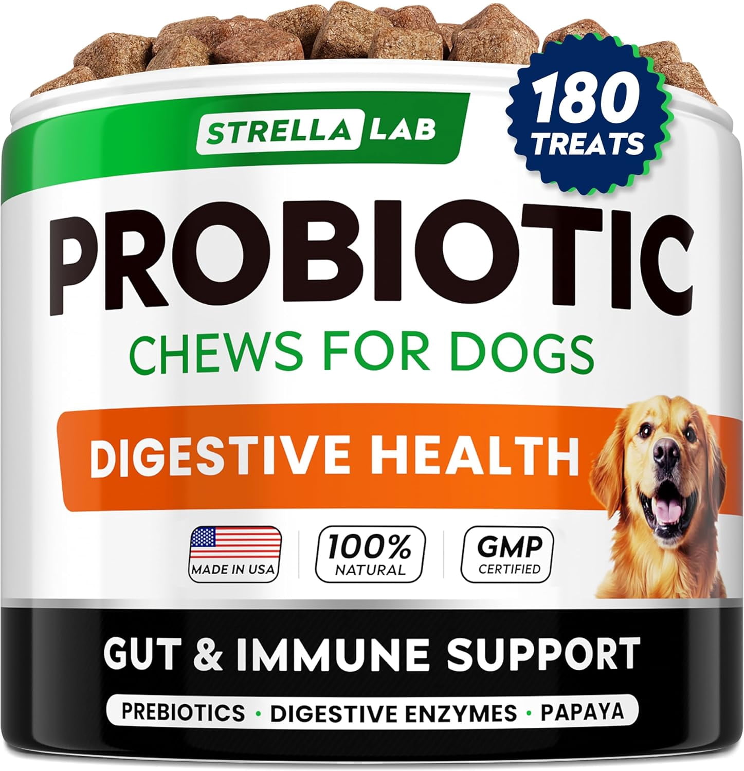 StrellaLab Probiotic Chews for Dogs - Digestive Enzymes & Prebiotics - Diarrhea, Gas & Allergy Relief - Picky Eaters Formula (180 ct)