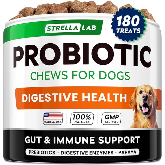 StrellaLab Dog Probiotics Treats for Picky Eaters (180ct) - Digestive Enzymes   Prebiotics - Chewable Fiber Supplement - Allergy, Diarrhea, Gas, Constipation, Upset Stomach Relief - Improve Digestion