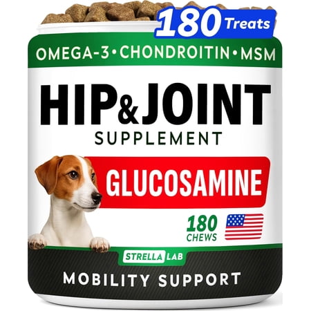 StrellaLab Glucosamine Chews for Dogs - Hip & Joint Support with Chondroitin, MSM & Omega-3 Fish Oil - Joint Pain Relief - Bacon (180 ct)