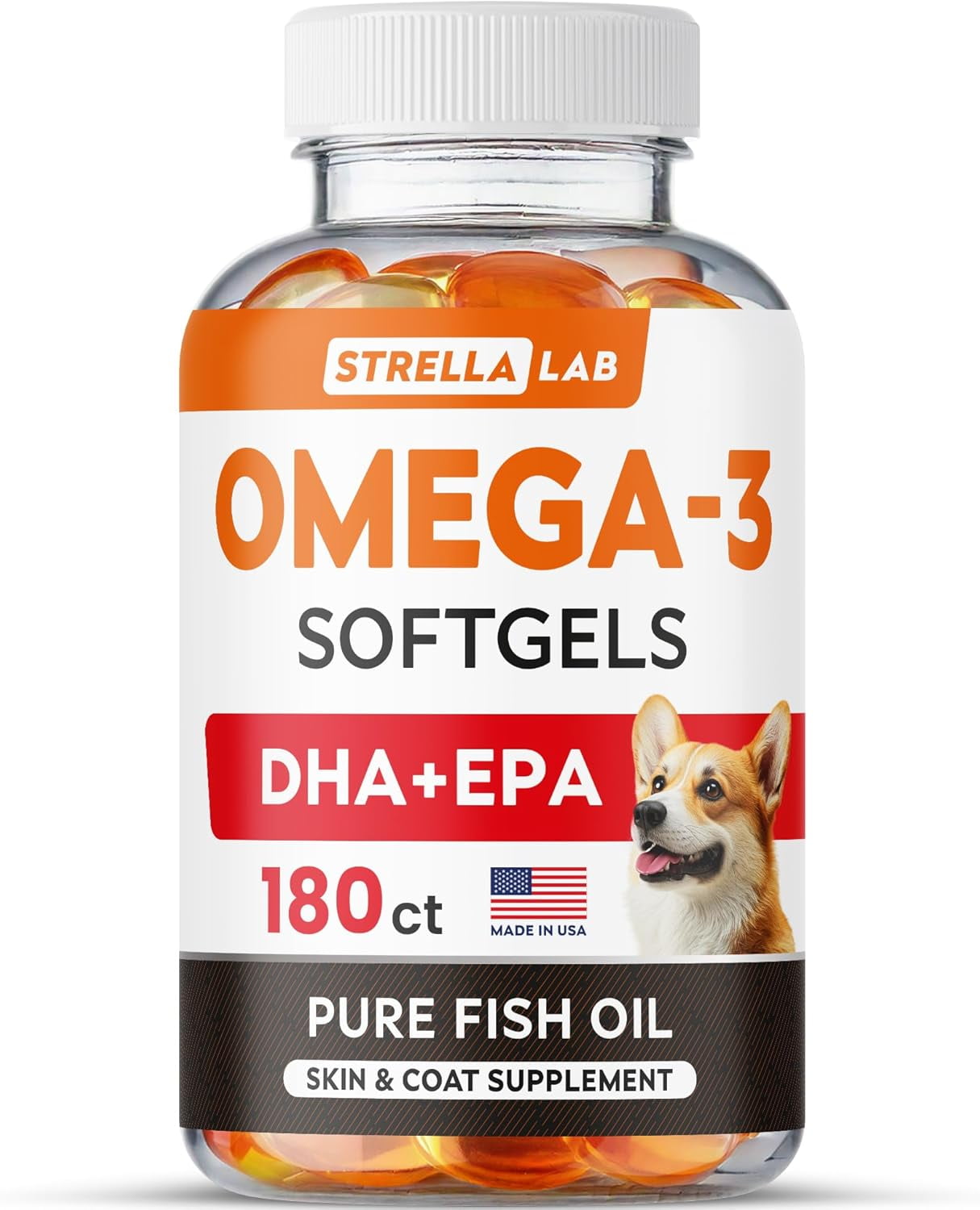 StrellaLab Premium Pills with Omega 3 & Fish Oil for Dogs (180 Ct) - No Fishy Smell Softgels - EPA + DHA Fatty Acids Reduce Shedding & Itching - Supports Joints, Brain, Heart & Overall Health - USA
