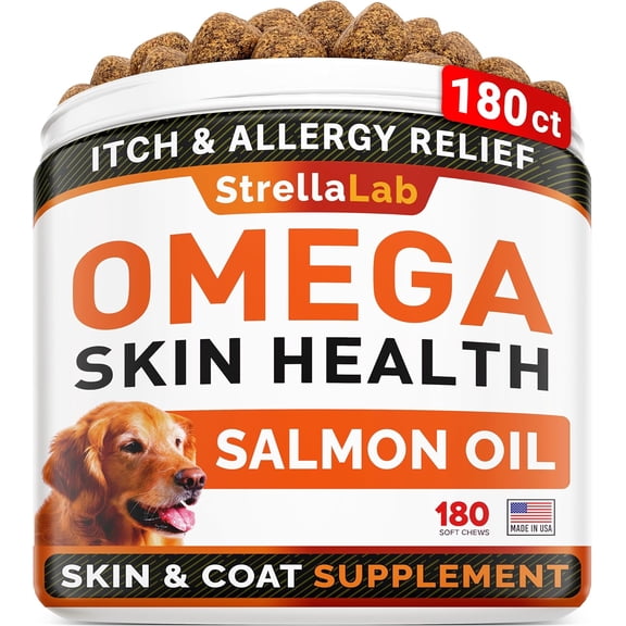 StrellaLab Premium Treats with Omega 3, Fish & Salmon oil for Dogs (180Ct) - Dog Itch Relief & Allergy Relief - Skin & Coat Supplement - Dry Itchy Skin, Shedding, Hot Spots Treatment - Salmon Flavor