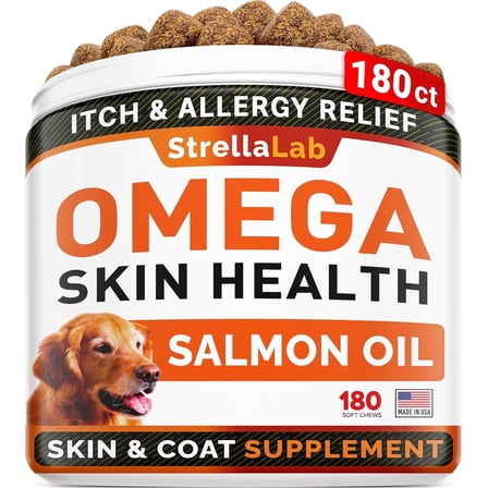 StrellaLab Premium Treats with Omega 3, Fish & Salmon oil for Dogs (180Ct) - Dog Itch Relief & Allergy Relief - Skin & Coat Supplement - Dry Itchy Skin, Shedding, Hot Spots Treatment - Salmon Flavor