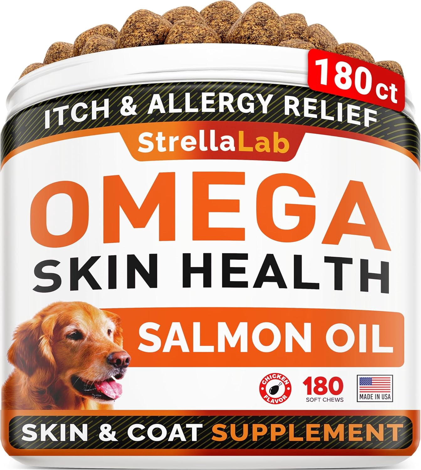 StrellaLab Premium Treats with Omega 3, Salmon & Fish oil for Dogs (180Ct) - Dog Itch Relief & Allergy Relief - Skin & Coat Supplement - Dry Itchy Skin, Shedding, Hot Spots Treatment - Chicken Flavor