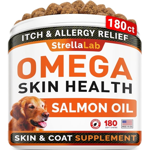 StrellaLab Premium Treats with Omega 3, Salmon & Fish oil for Dogs (180Ct) - Dog Itch Relief & Allergy Relief - Skin & Coat Supplement - Dry Itchy Skin, Shedding, Hot Spots Treatment - Chicken Flavor
