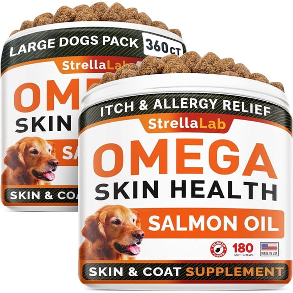 StrellaLab Premium Treats with Omega 3, Salmon & Fish oil for Dogs (360Ct) - Dog Itch Relief & Allergy Relief - Skin & Coat Supplement - Dry Itchy Skin, Shedding, Hot Spots Treatment - Chicken Flavor