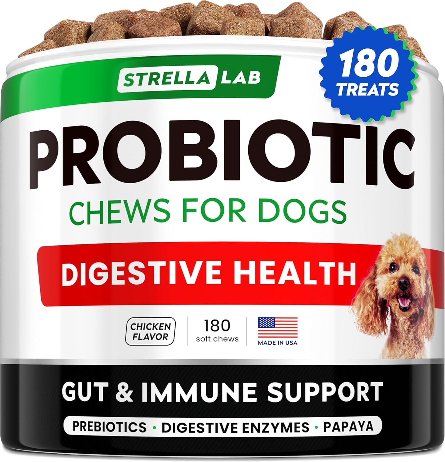 StrellaLab Probiotic Chews for Dogs - Digestive Enzymes & Fiber - Diarrhea, Constipation & Gut Health Relief - Prebiotic Formula